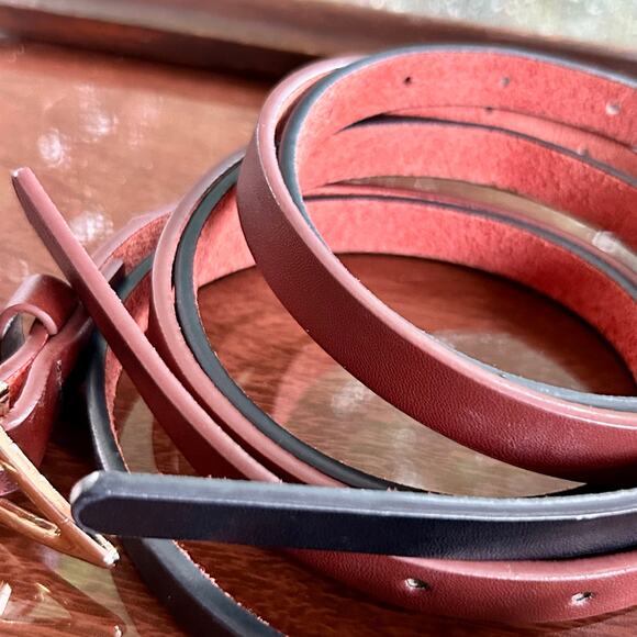 Set of 2 Skinny Belts – Brown & Black with Gold Triangle Buckles – 43” Length - Picture 5 of 11